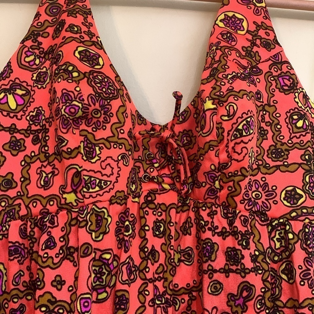 Sirena California 70's Neon Orange Floral Halter 2 Side Slits Maxi Dress S/M - Picture 6 of 17